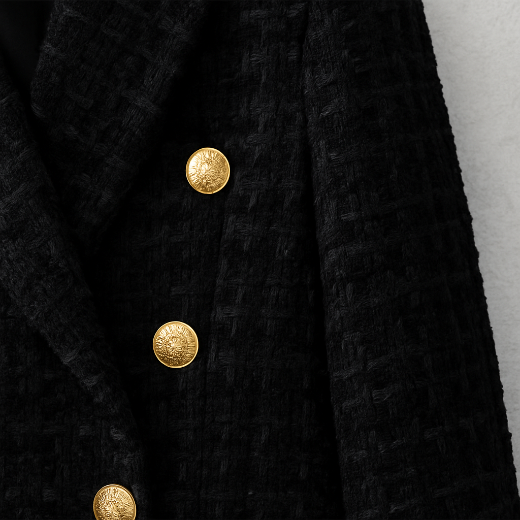 Damen Tweed Sakko schwarz, Elegante Anzugjacke im Klassischen Vintage Stil für Business & Abendmode