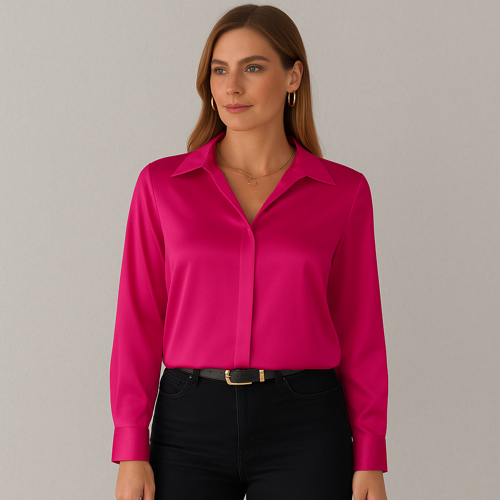 Damen Bluse langarm, Elegante Seidenoptik Bluse für Büro & Abendmode
