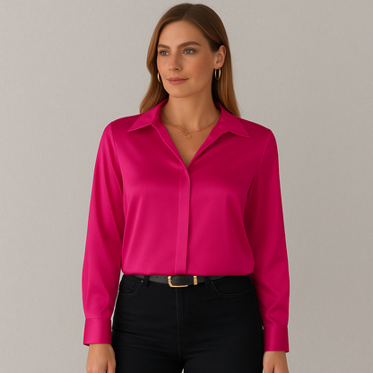 Damen Bluse langarm, Elegante Seidenoptik Bluse für Büro & Abendmode