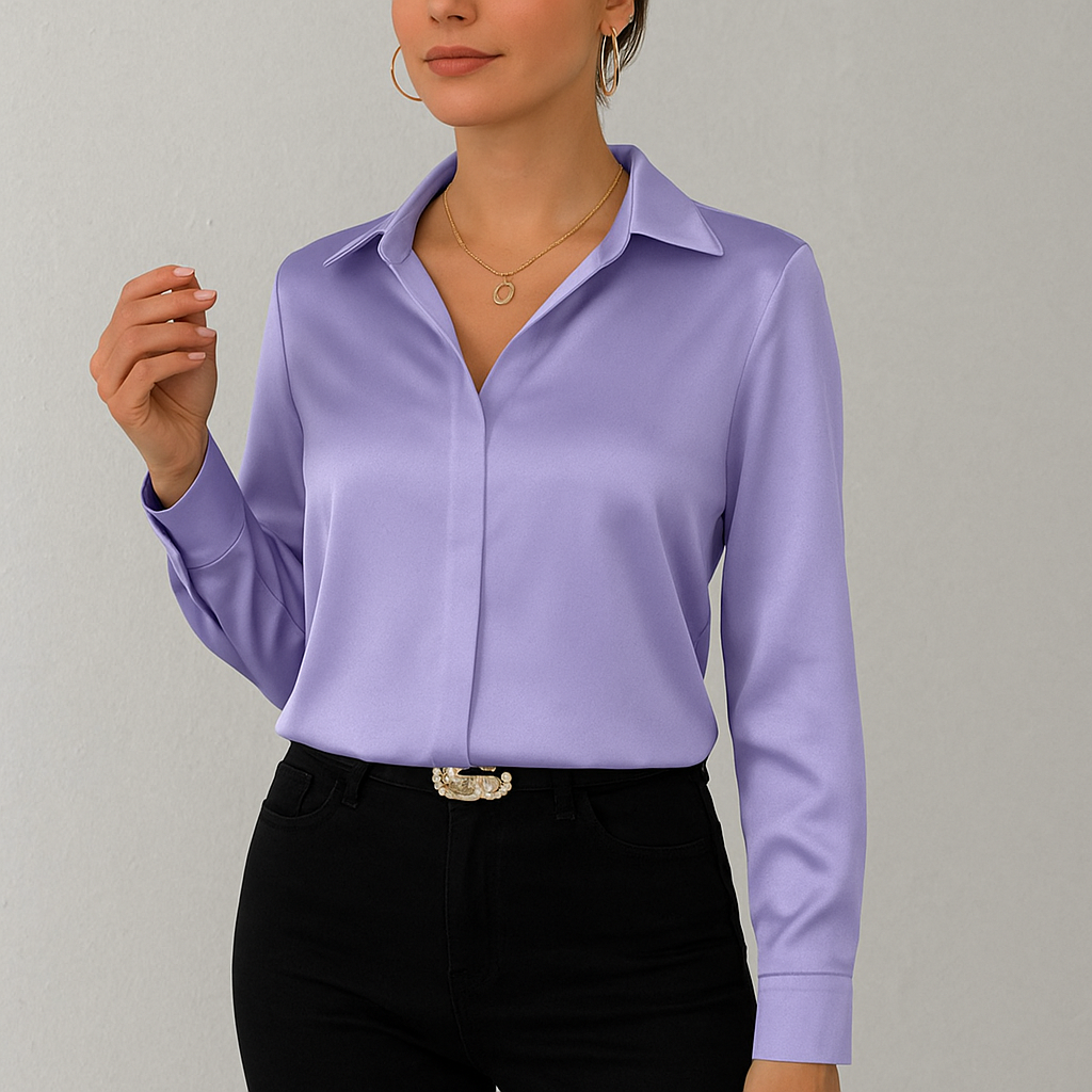 Damen Bluse langarm, Elegante Seidenoptik Bluse für Büro & Abendmode