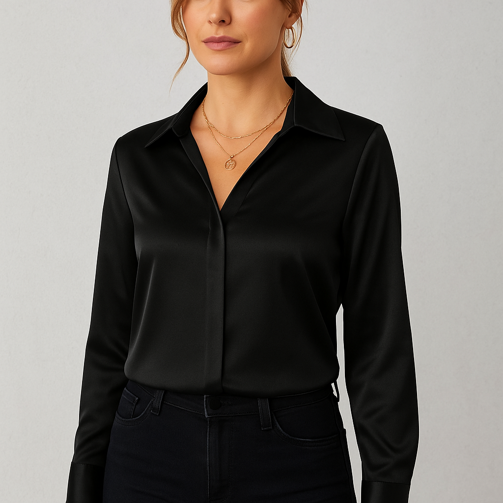Damen Bluse langarm, Elegante Seidenoptik Bluse für Büro & Abendmode