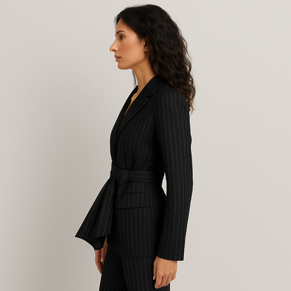 Damen Hosenanzug gestreift, Blazer mit Trägern & Hochtaillierte Hose im eleganten Slim Fit