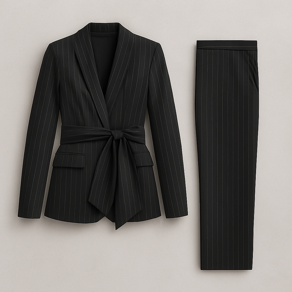 Damen Hosenanzug gestreift, Blazer mit Trägern & Hochtaillierte Hose im eleganten Slim Fit