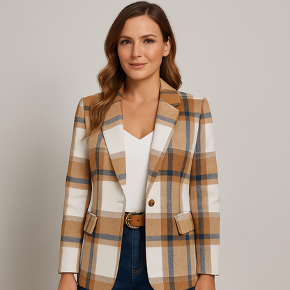 Damen Mantel kariert, Eleganter Einreihiger Mantel im Vintage Karo Design für Herbst & Winter