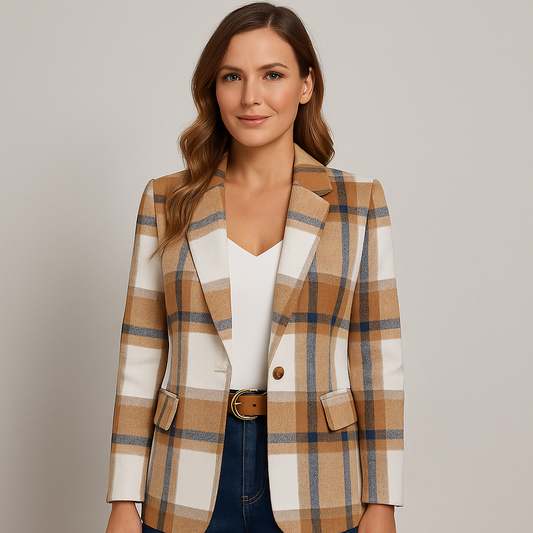 Damen Mantel kariert, Eleganter Einreihiger Mantel im Vintage Karo Design für Herbst & Winter