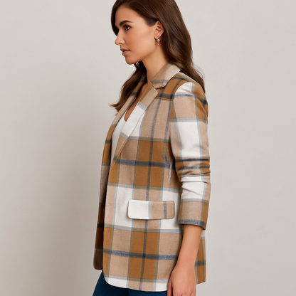 Damen Mantel kariert, Eleganter Einreihiger Mantel im Vintage Karo Design für Herbst & Winter