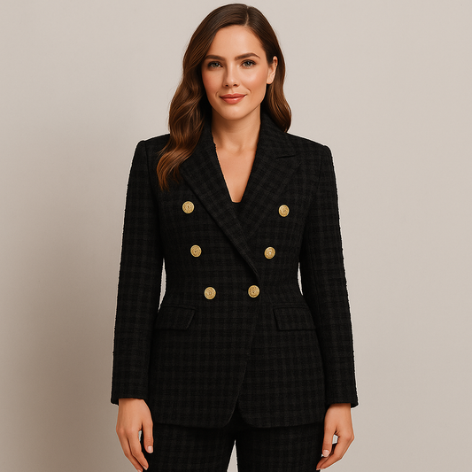Damen Tweed Sakko schwarz, Elegante Anzugjacke im Klassischen Vintage Stil für Business & Abendmode