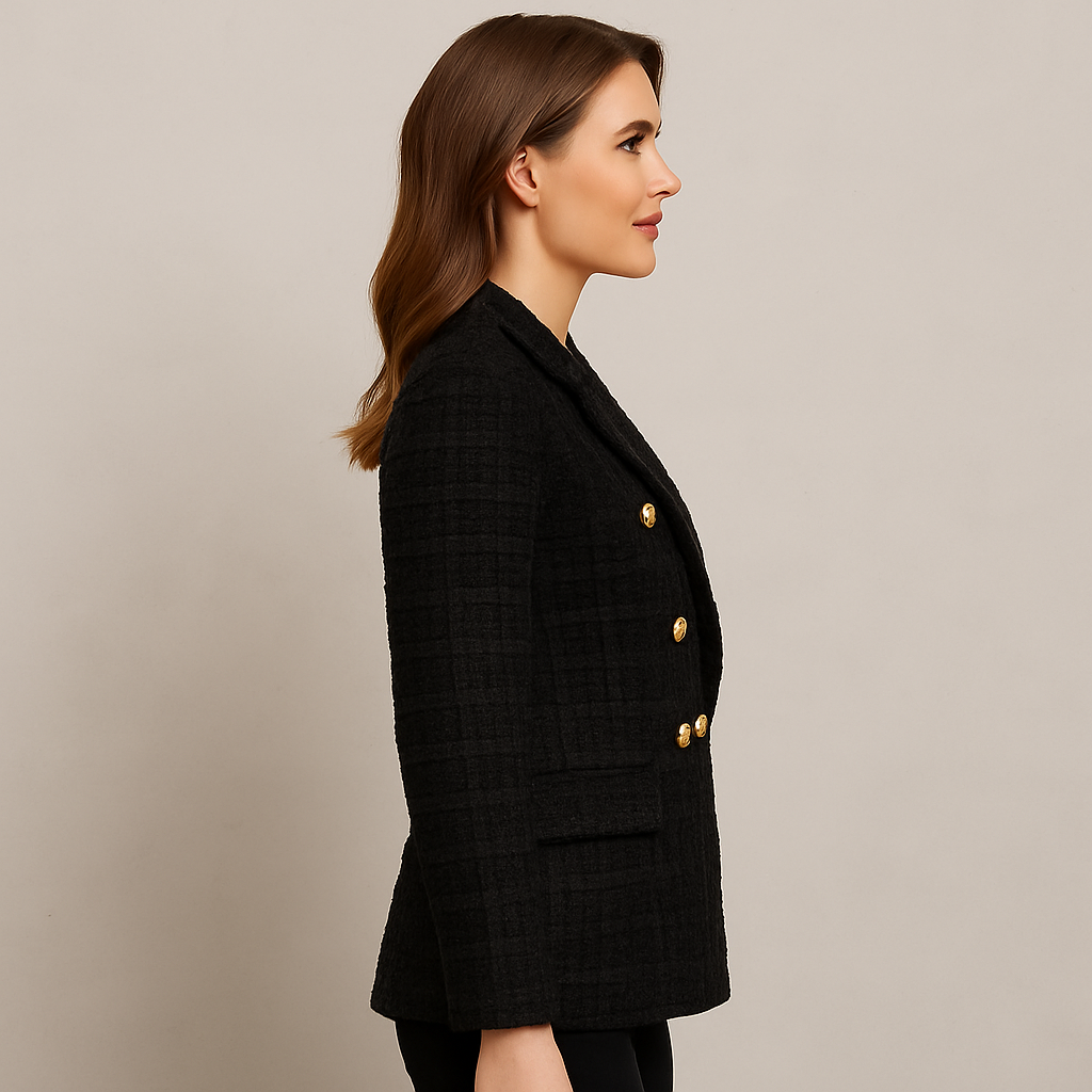 Damen Tweed Sakko schwarz, Elegante Anzugjacke im Klassischen Vintage Stil für Business & Abendmode